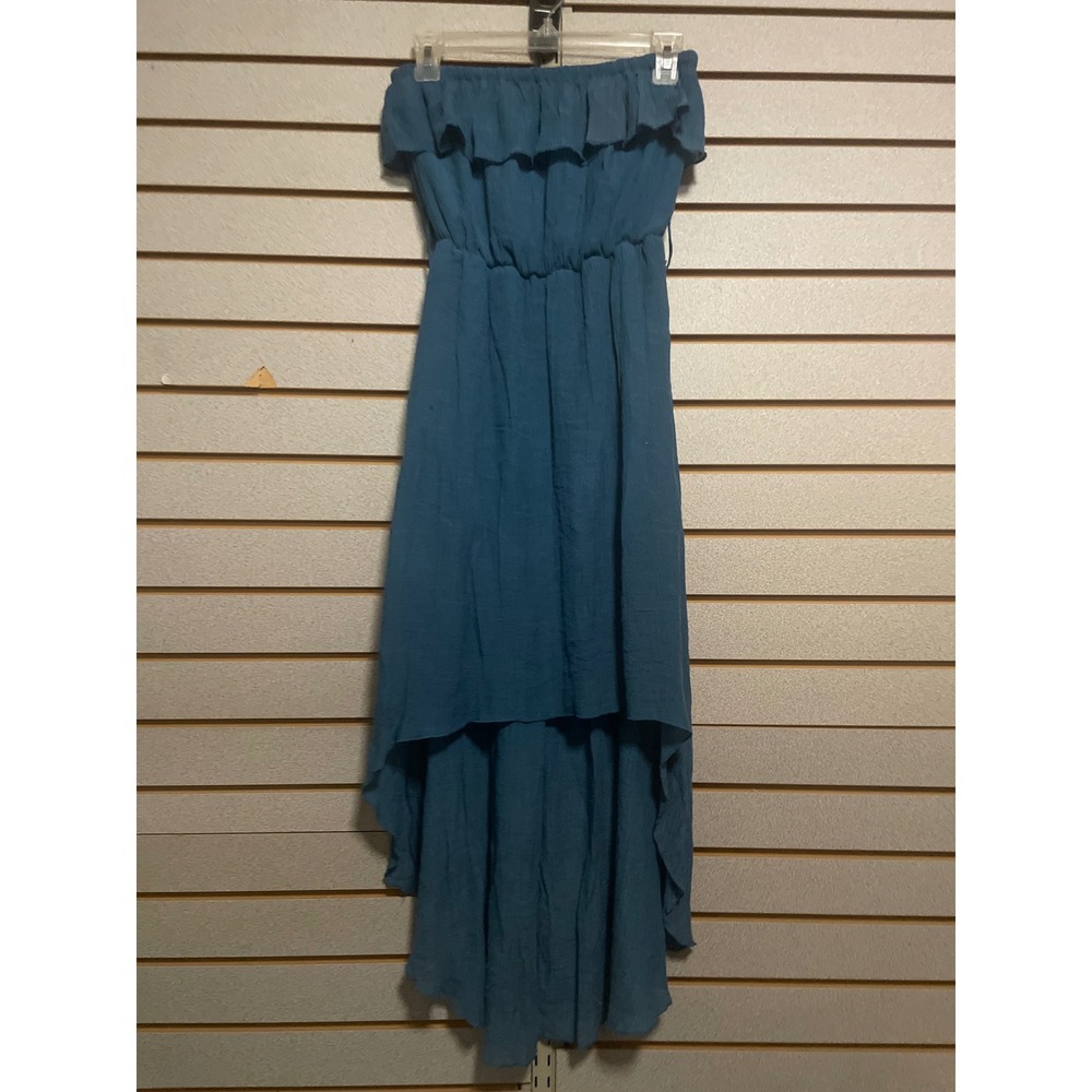 San Joy Teal Blue Strapless Ruffle High Low Maxi Dress Women's S